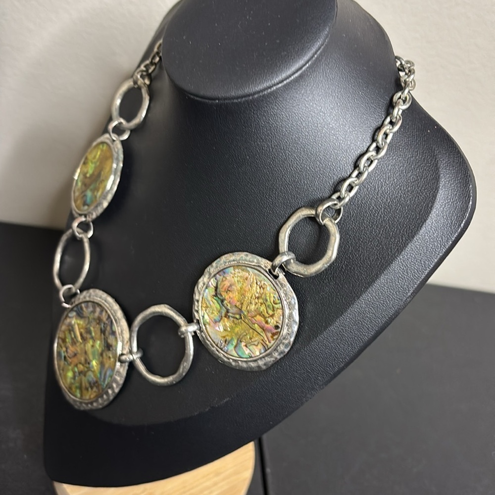 Abalone Disc Silver Tone Chain Link Necklace Statement - Picture 3 of 7